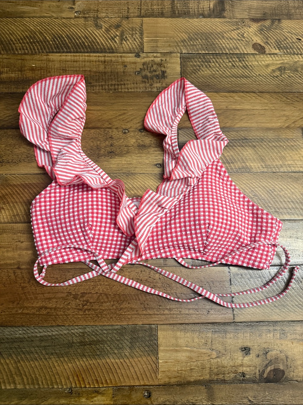 aerie Red and White Gingham Bikini Top with Ruffle Trim